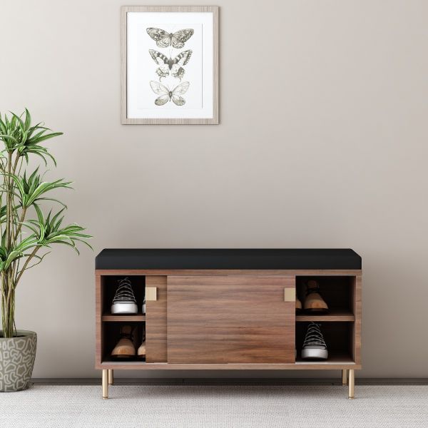 Mid-Century Modern Shoe Bench with Black Cushion and Walnut Wood, VT-3006