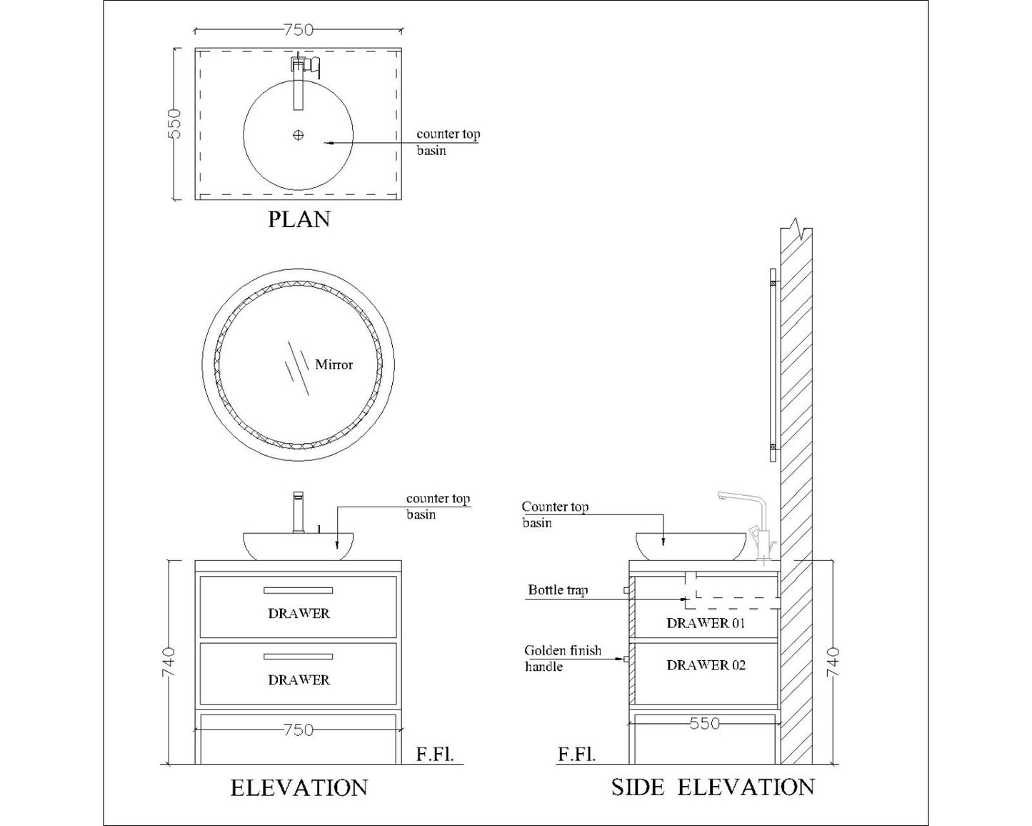 Vanity, Gold, Beige & White Vanity, Wooden Vanity, Vanity with Drawer, Vanity for Bathroom, Floor Resist Vanity, Vanity - EL227