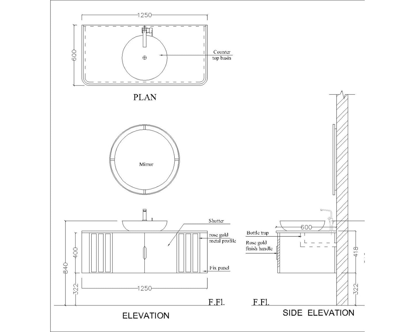 "Vanity, Black, Gold & White Vanity, Wooden Vanity, Vanity with Shutter, Vanity for Bathroom, Wall Mounted Vanity, Vanity - IM107 "