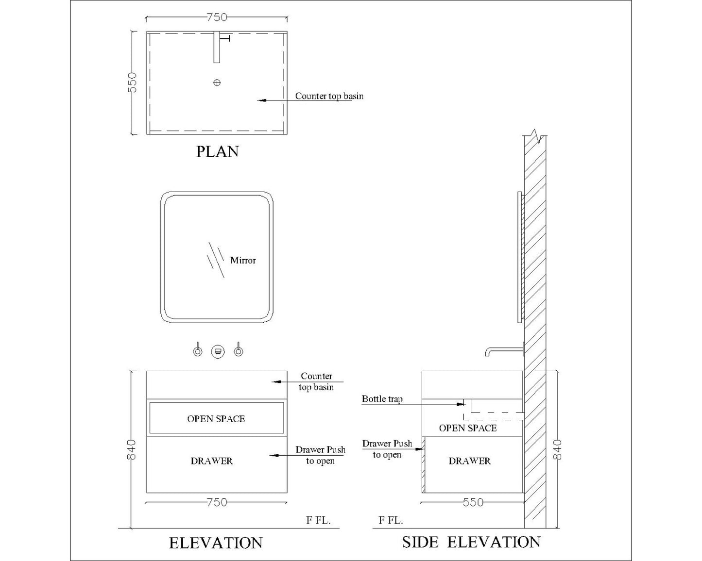 Modern Wall Mounted Bathroom Vanity with Drawer and Open Shelf IM124