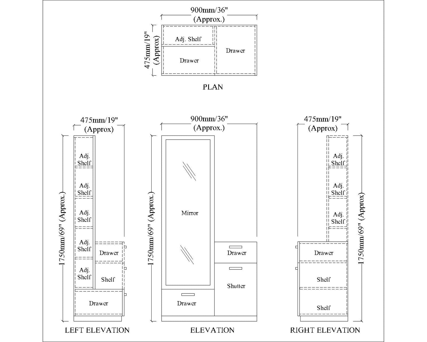 Wooden Dressing Table, Dressing Table with Drawer & Shutter, White Color, Shelf in Dressing Table - EL12233