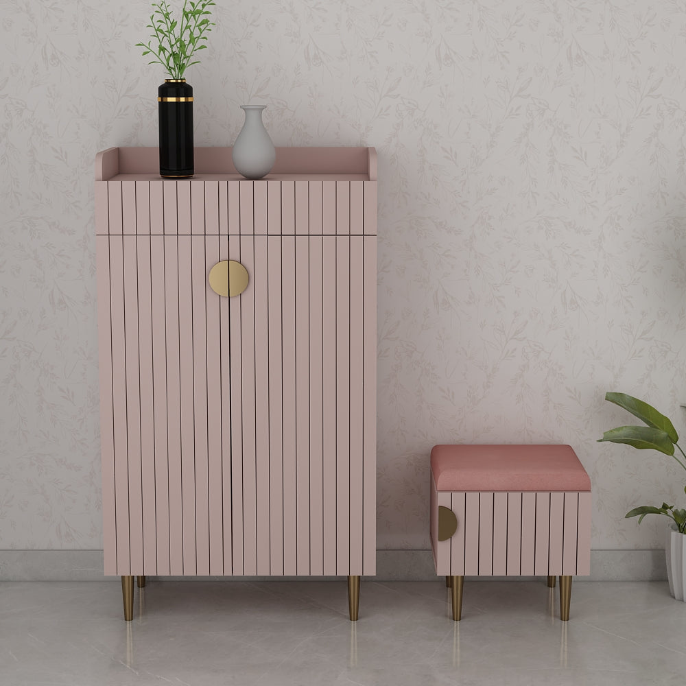 Modern Pink Salk Gold Shoe Storage Cabinet with Drawer Bench