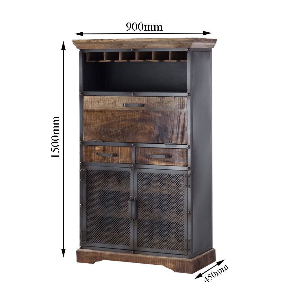 Industrial Wooden Bar Cabinet with 6-Bottle Wine Rack, Drop-Down Serving Shelf, 2 Drawers & Mesh Doors – EL-10052