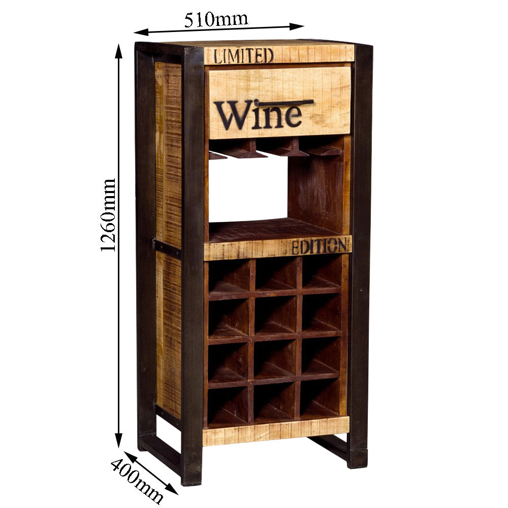 Limited Edition Wine Rack Cabinet – 12 Bottle Storage, 4 Glass Holders & Display Shelf – Industrial Wood & Metal Bar Unit – EL-10054
