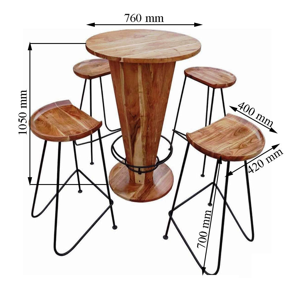 5-Piece Solid Wood Bar Table Set – Round High Table with Cone Base & 4 Curved Stools, Industrial Iron Legs – Natural Finish Pub Set – EL10058