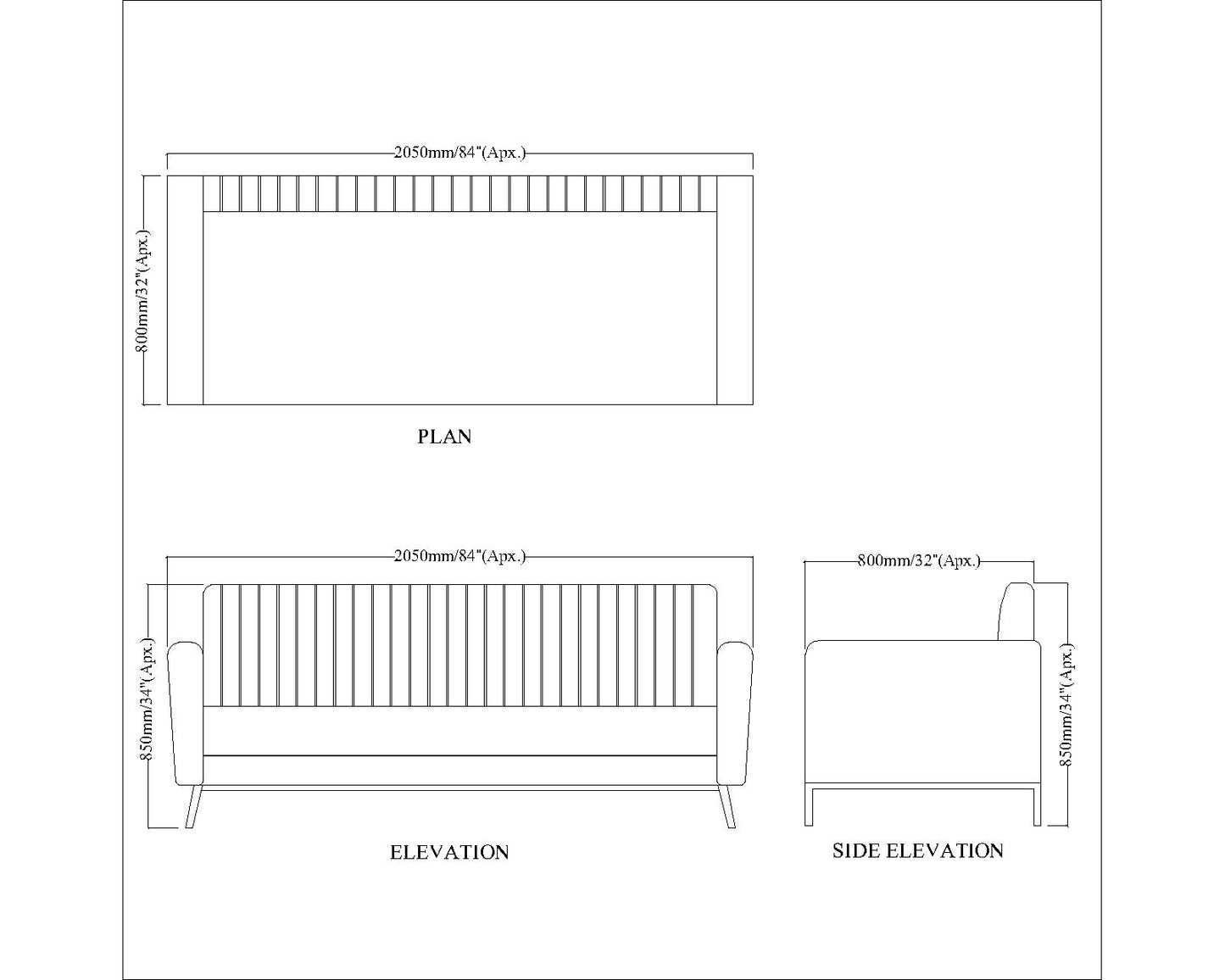 3 Seater Sofa, Beige Color Sofa, Unique Design Sofa, Sofa with Metal Leg in Black Finish, Comfortable Modern Sofa, 3 Seater Sofa - EL4087