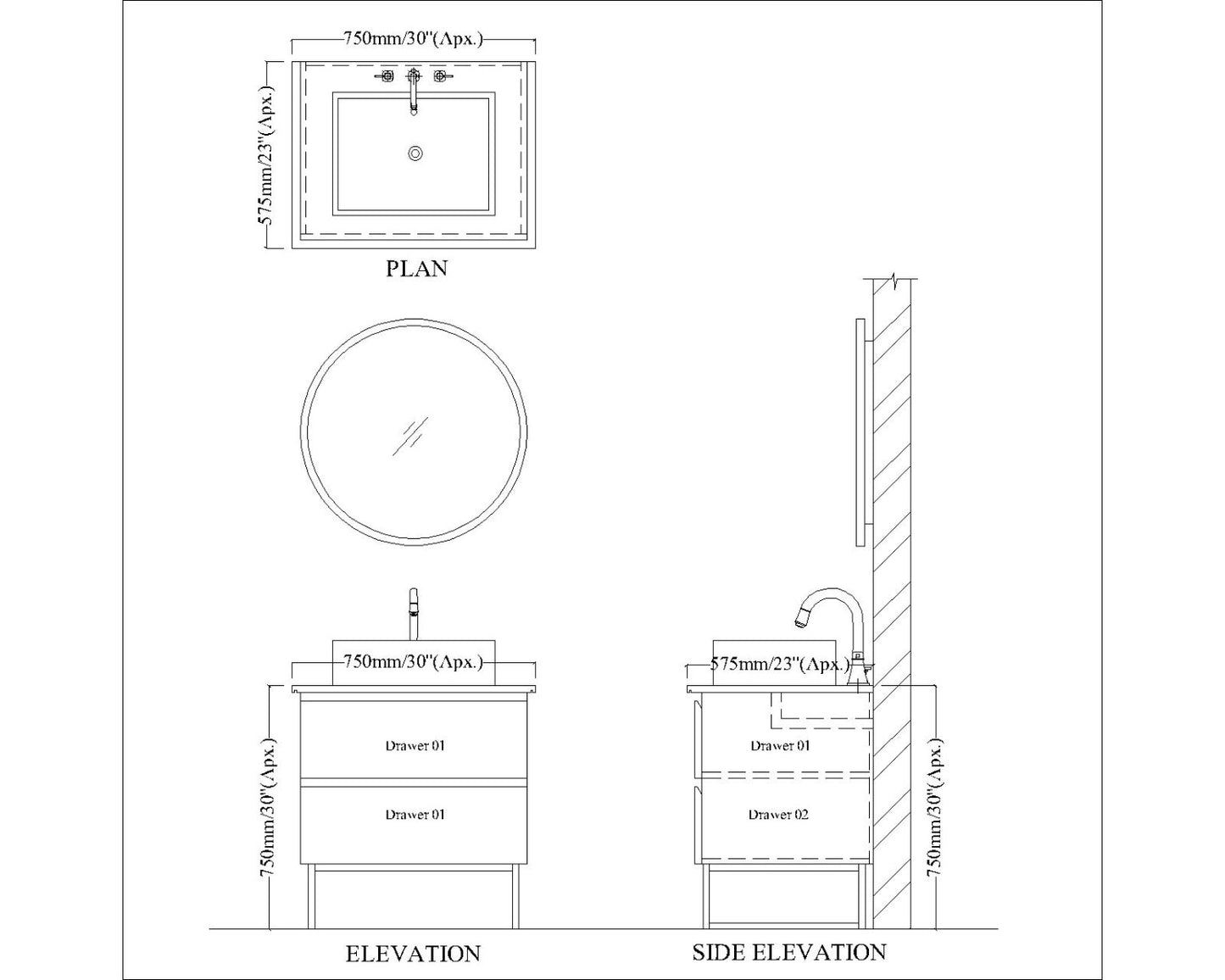 White & Black Color Bathroom Vanity with Corian Top & MS Leg with Black Finish - EL9007