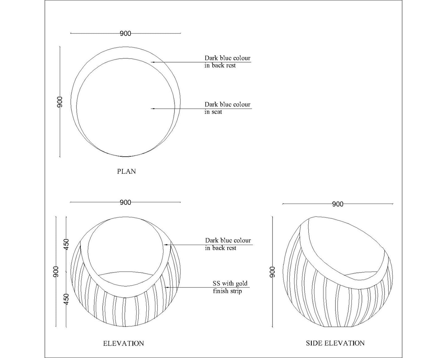 Chair, Round Shape Chair, Dark Blue Color in Chair Fabric,Chair for Living Area & Bedroom, SS Gold in Chair, Chair- EL - 582