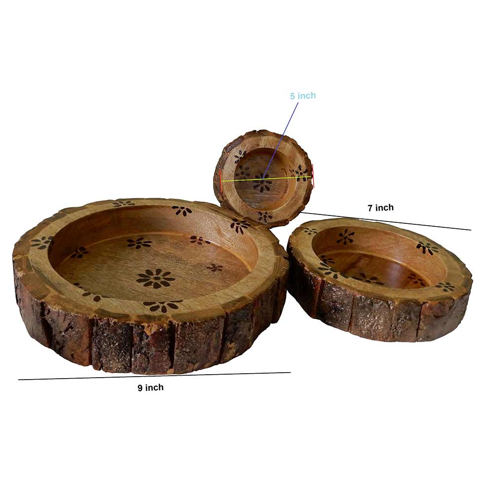 BB01, Bowl Set of 3 made from Tree bark , handpainted with Floral Design. Dull gold polish similar to oak Wood style, Bowl - IM15281