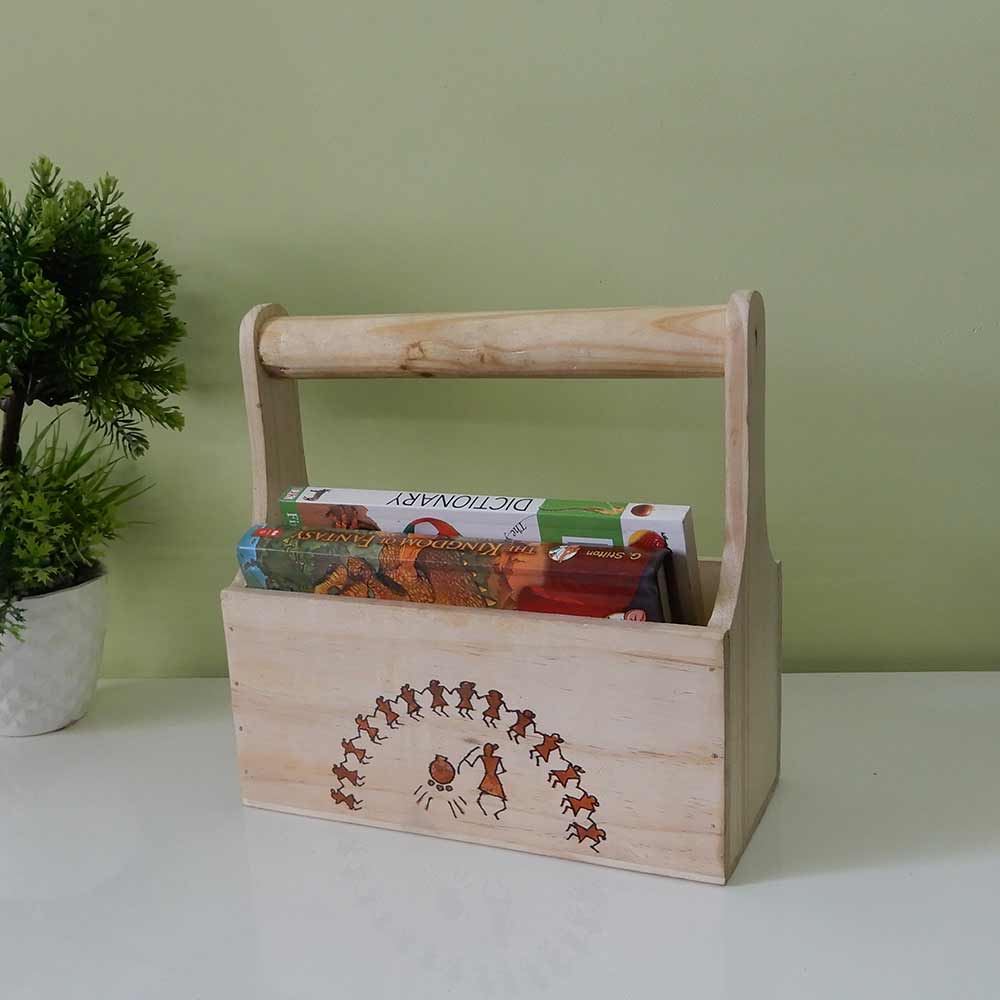 CT02, Cutlery Holder or Magazine Organizer, Knife stand spoon stand Spacious Kitchen organizer With handmade Warli Art & Removable Partition,Pinewood , Cutlery Holder - IM15297