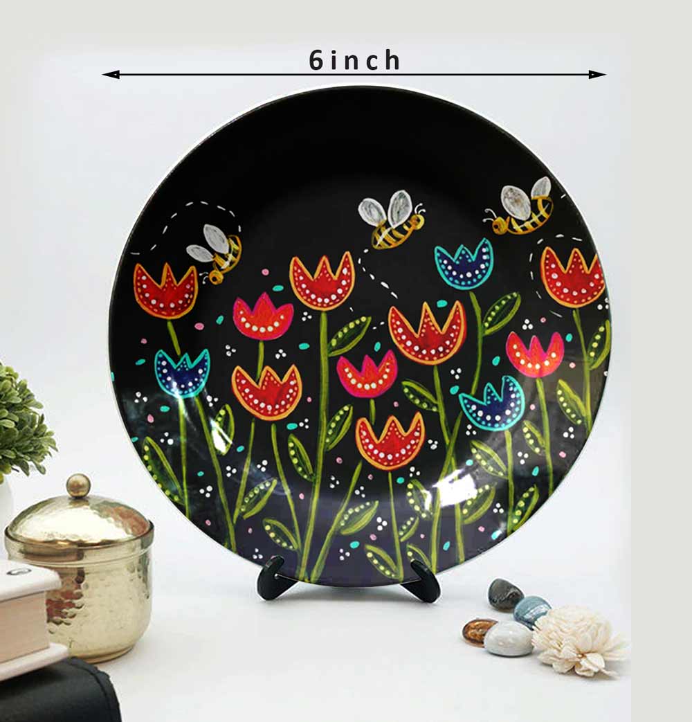 HMD Collections Traditional Art Decorative Ceramic Designer Plates with Stand for Home/Office (8 Inch & 6 Inch, Pack Of 4, Wall Art - IM2108