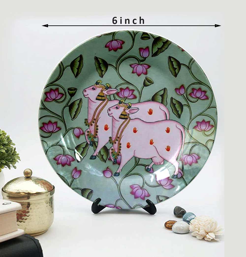 HMD Collections Traditional Art Decorative Ceramic Designer Plates with Stand for Home/Office (8 Inch & 6 Inch, Pack Of 4, Wall Art - IM2117