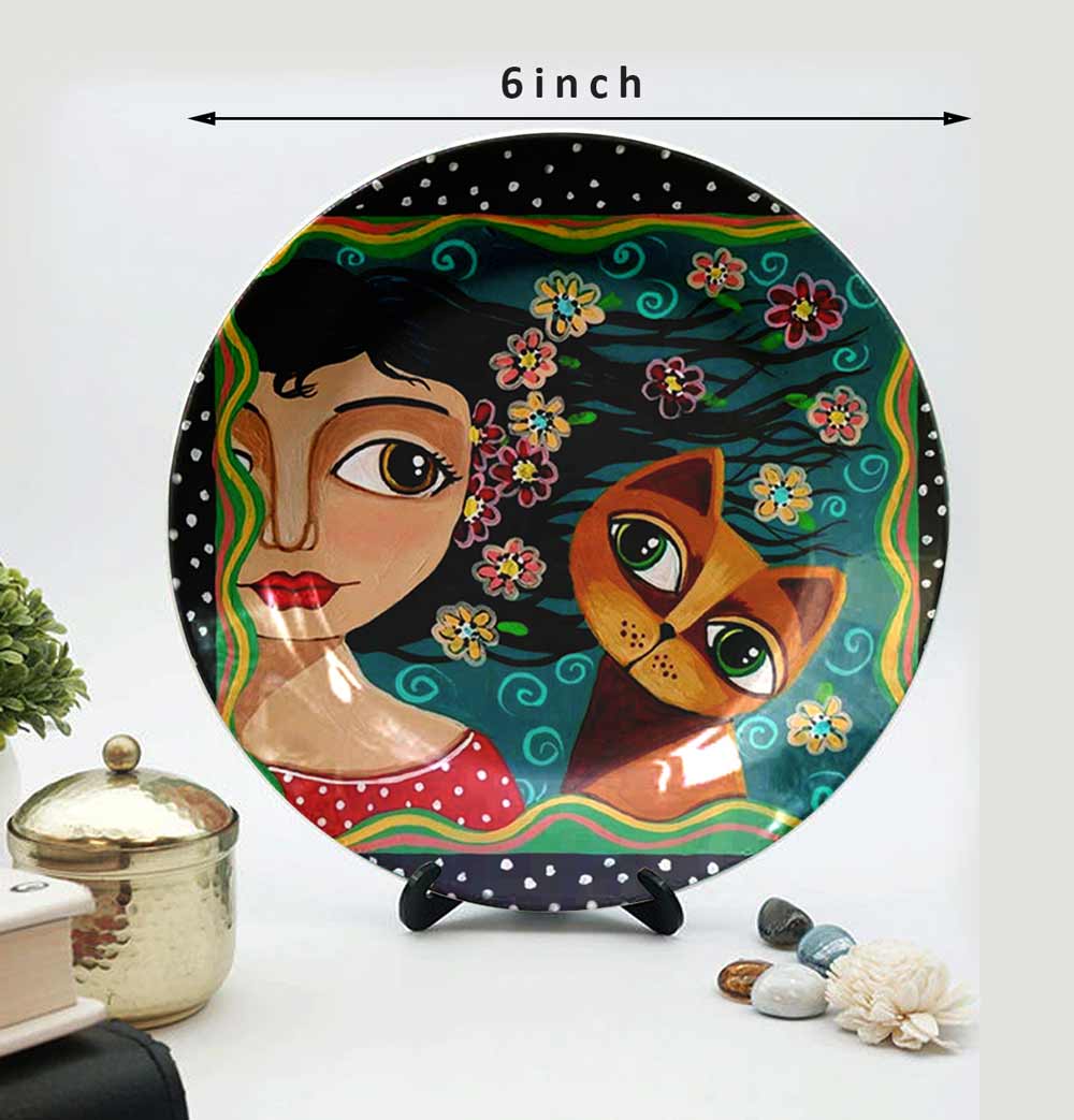 HMD Collections Traditional Art Decorative Ceramic Designer Plates with Stand for Home/Office (8 Inch & 6 Inch, Pack Of 4, Wall Art - IM2120