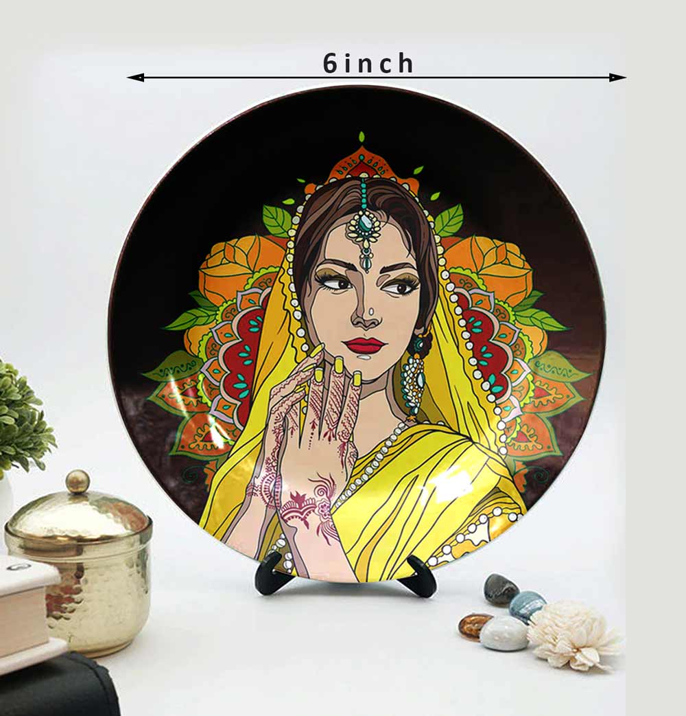 HMD Collections Traditional Art Decorative Ceramic Designer Plates with Stand for Home/Office (8 Inch & 6 Inch, Pack Of 4, Wall Art - IM2121