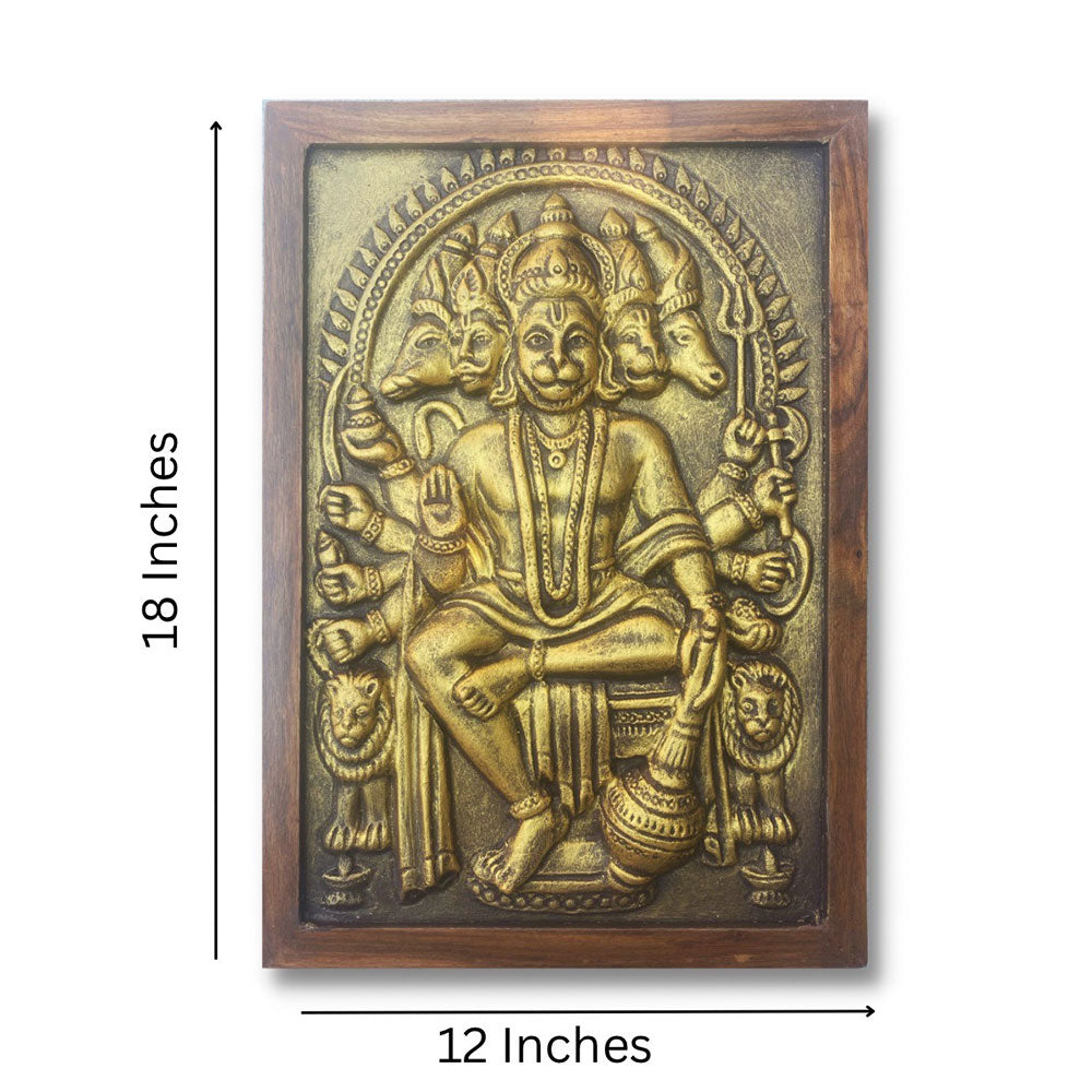 Wall Art, PANCH-02-GOLDEN (Artociti), Panchmukhi Hanuman 3D Relief Mural in Golden 18 x 12 Inches, Wall Art - IM2343