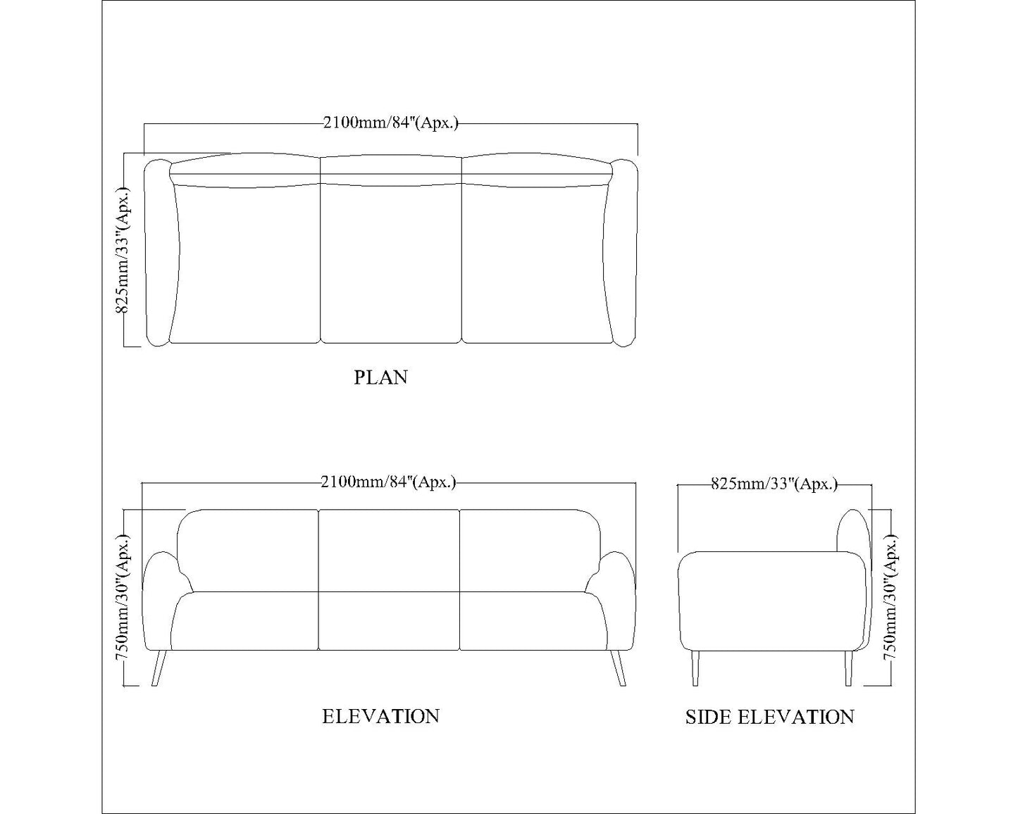 3 Seater Sofa, Grey Color Sofa, Unique Design Sofa, Comfortable Modern Sofa, Sofa with MS Leg in Golden Finish, 3 Seater Sofa - IM4097