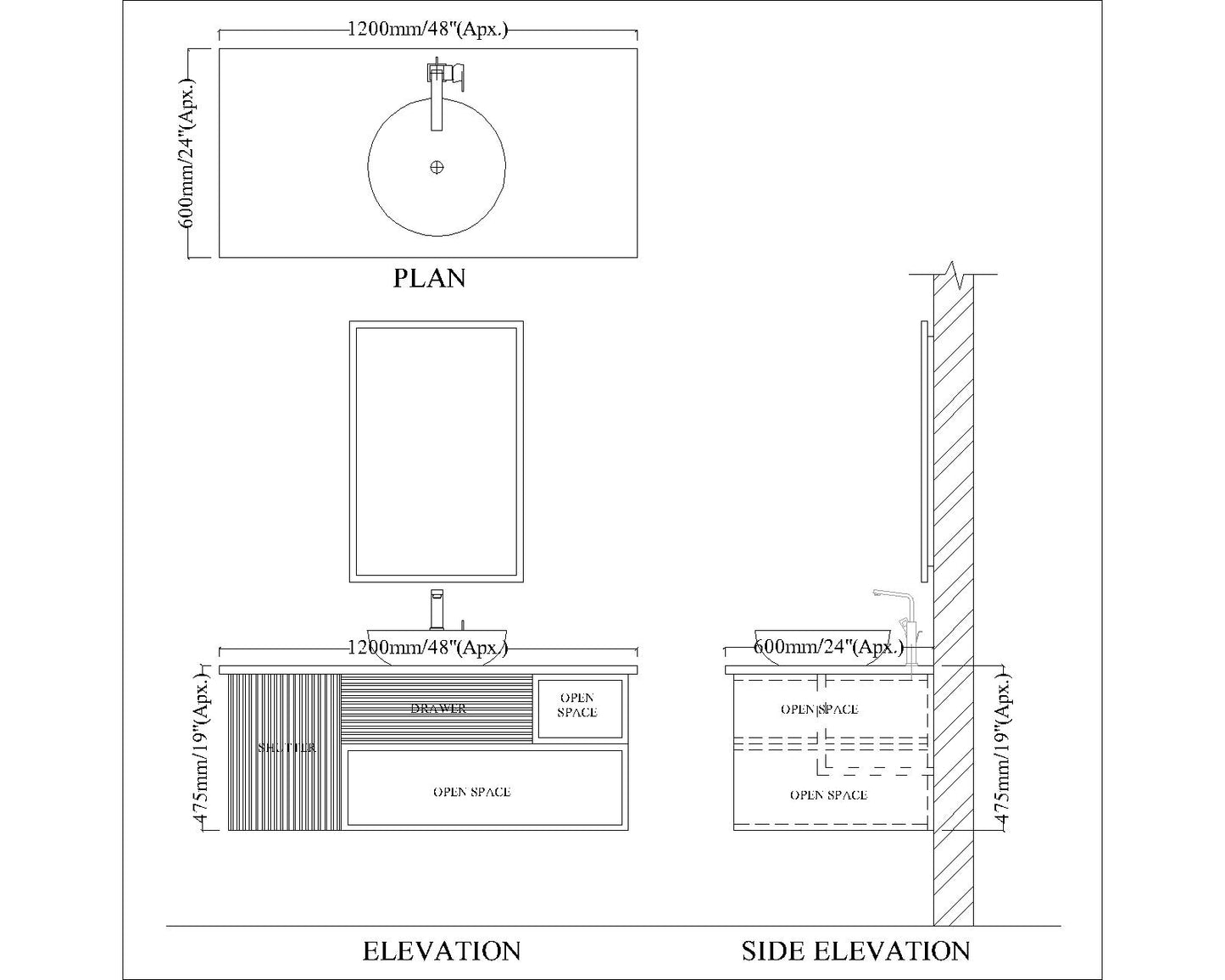 Vanity, Brown & Beige Color Vanity, Vanity with Drawer & Shutter, Vanity with Open Shelf, Vanity in Brown Corian Top, Wall Mounted Vanity, Vanity - IM9010
