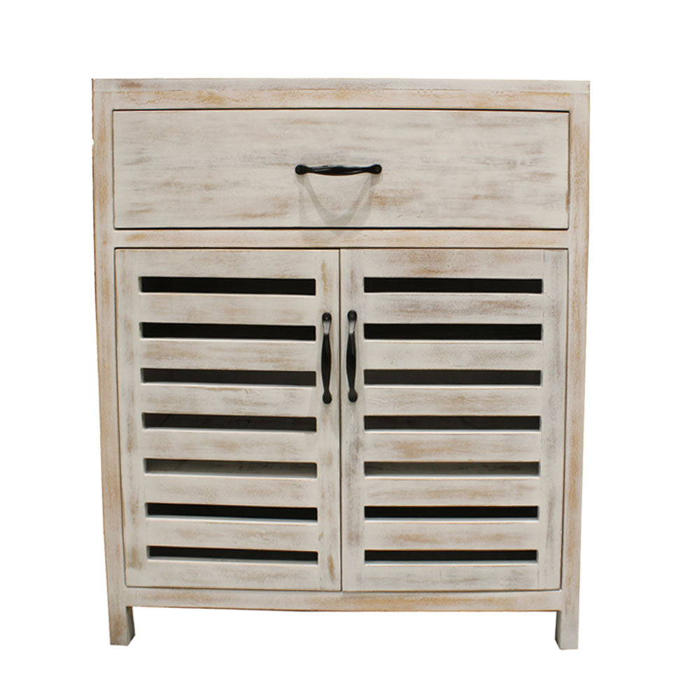 White Distressed Wood Shoe Cabinet with Slatted Doors and Drawer, IM-10044