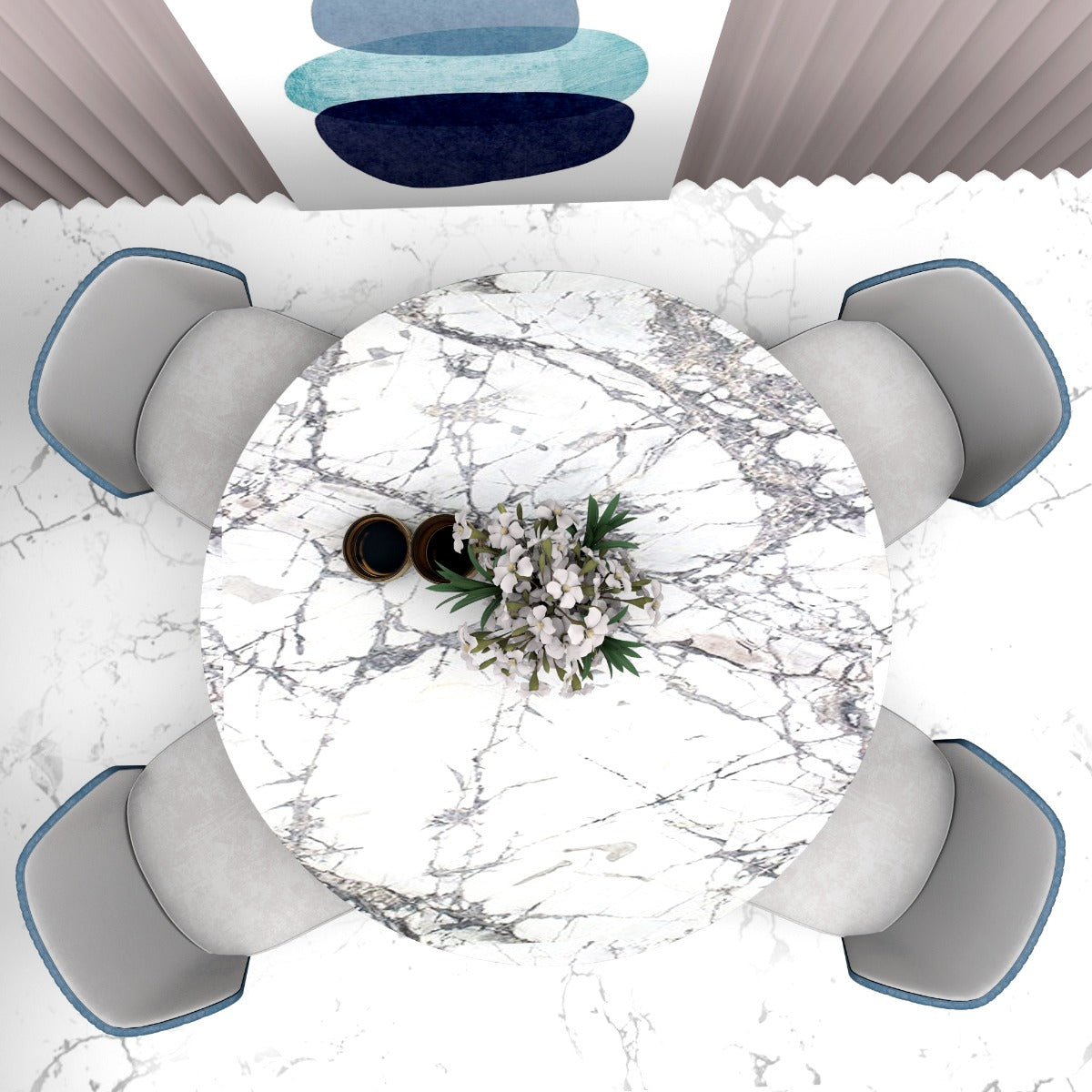 Affordable Dining Set with 4 Chairs Featuring Round Table in Satuario Finish with Teal Blue and Grey Suede Fabric Chairs - IM651