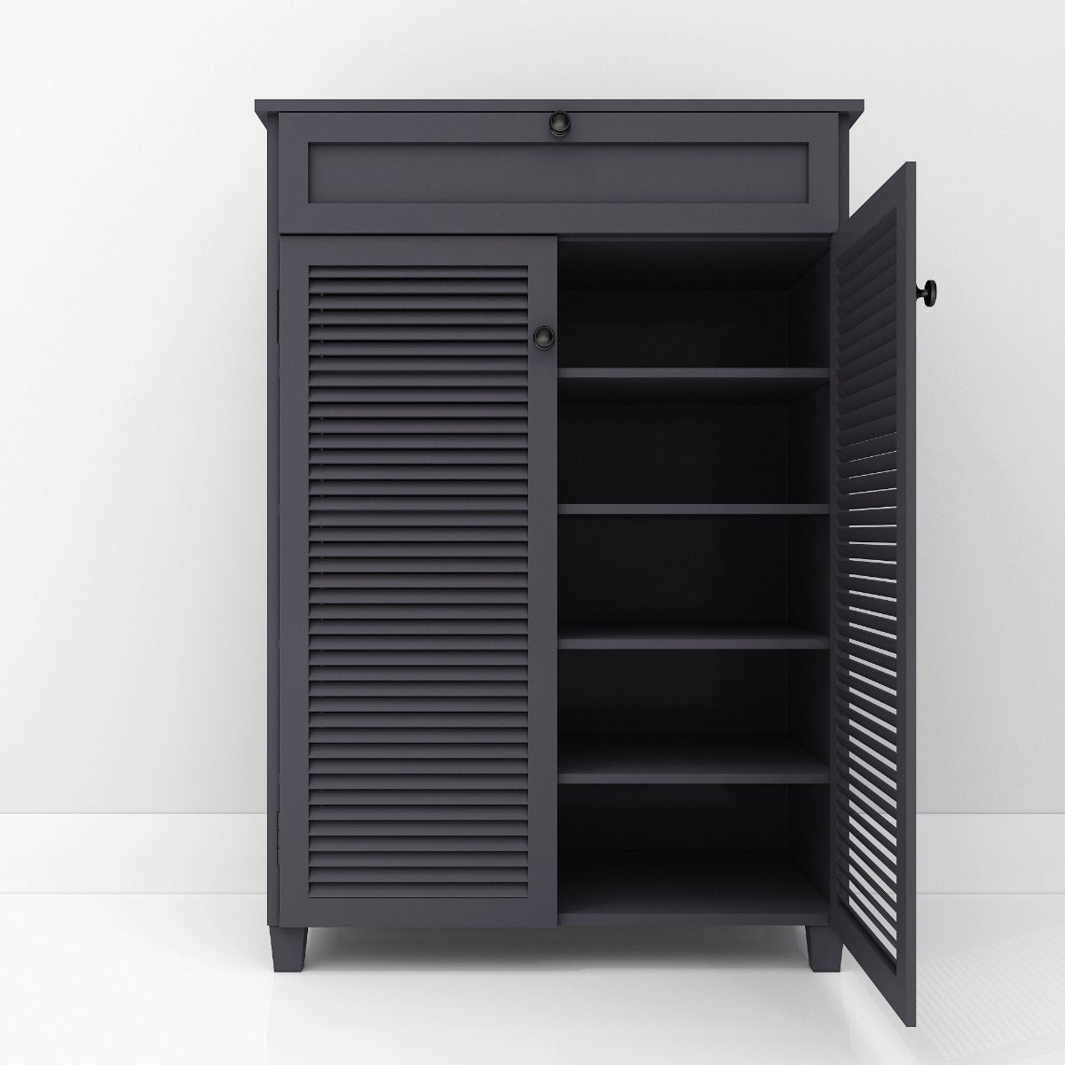 Dark Grey Slat Door Shoe Cabinet with Drawer, IM-1006