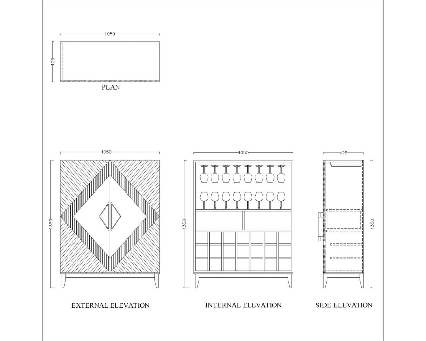 Light Wood Chevron Bar Cabinet – Holds 12 Bottles & 6 Glasses, Hidden Drawer, Designer Carved Doors & Tapered Legs VT-3005