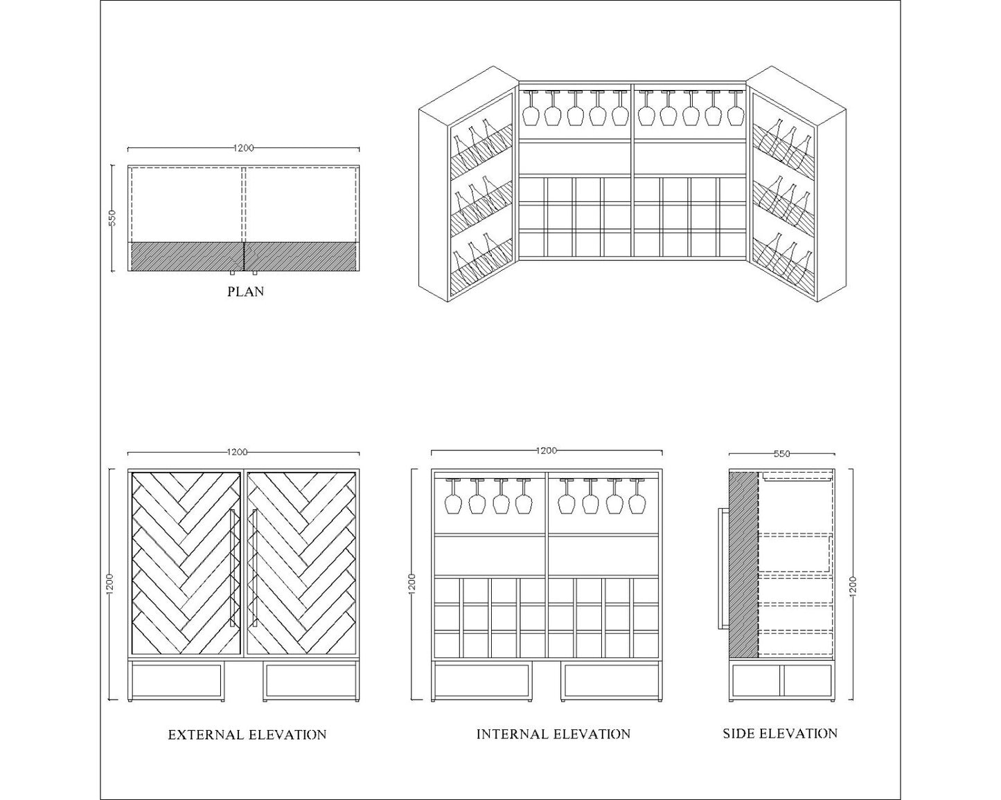 Chevron Wooden Bar Cabinet – Holds 9 Bottles & 6 Glasses, Hidden Drawer, Side Storage Racks & Copper Legs VT-3006