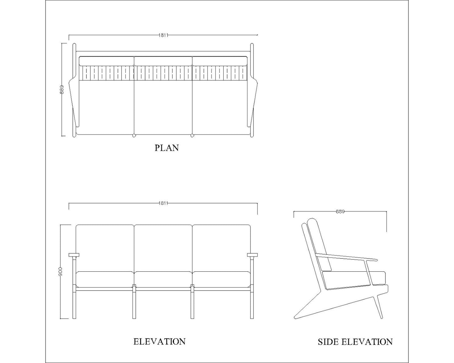 3 Seater Rectangular sofa with grey upholstery,Sofa for living area, Sofa with light brown wooden legs, Sofa- VI-4001