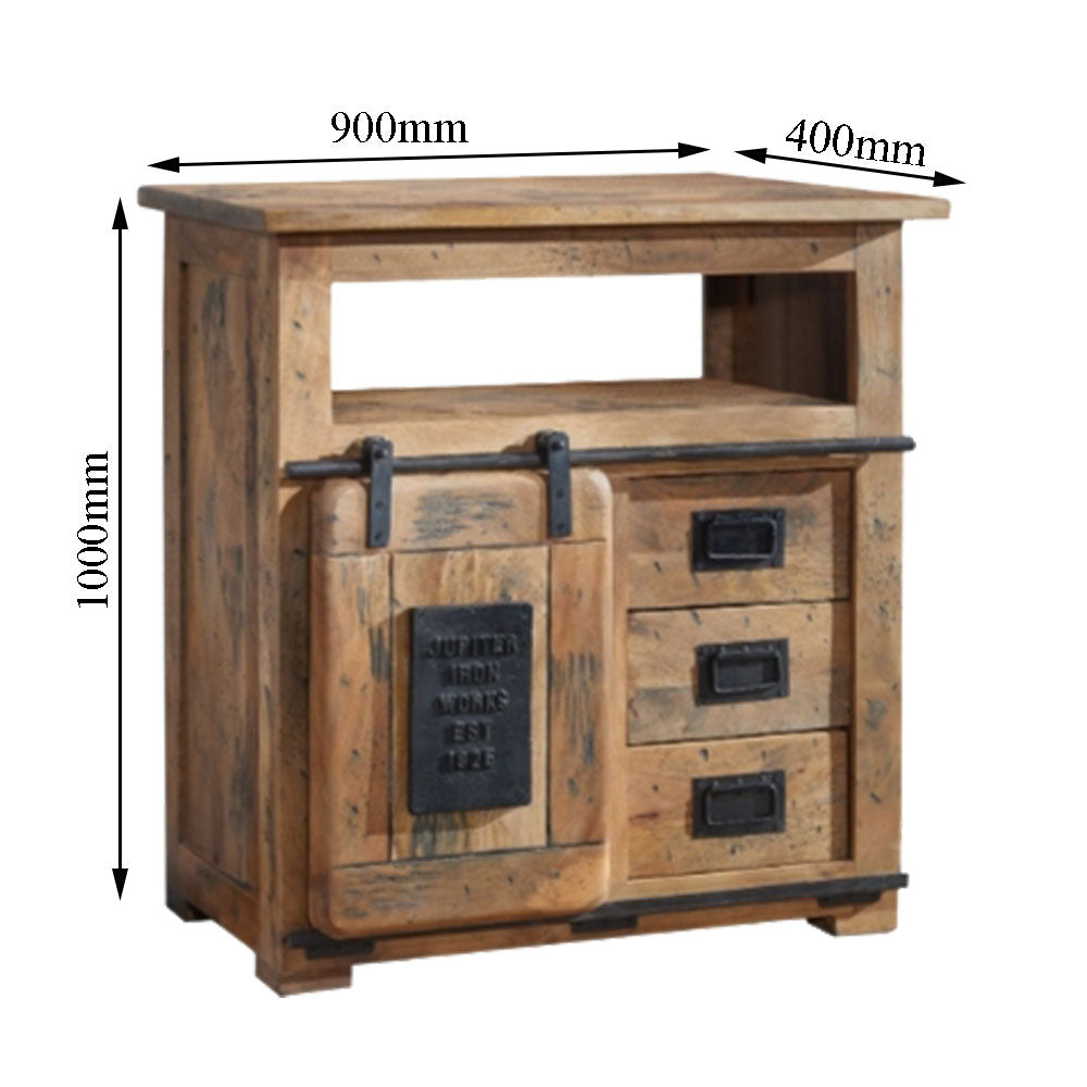 Rustic Industrial Solid Wood Cabinet with Sliding Door – VT-10055 | Holds 12+ Bottles | Worldwide Shipping | Middle Shelf Design