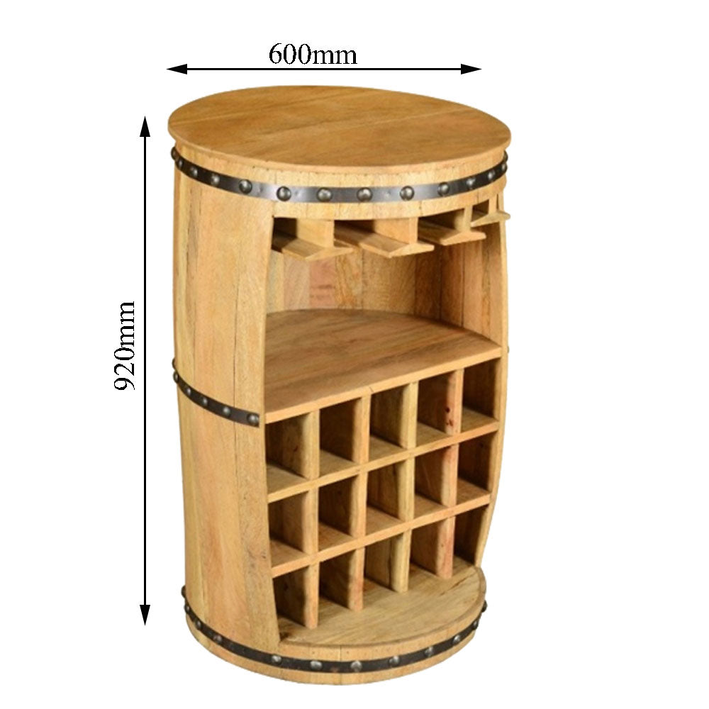 Rustic Barrel-Shaped Wine Cabinet – Solid Wood with black Trim, 16 Bottle Slots & 4 Glass Holders – Vintage Bar Storage Unit – VT-10057