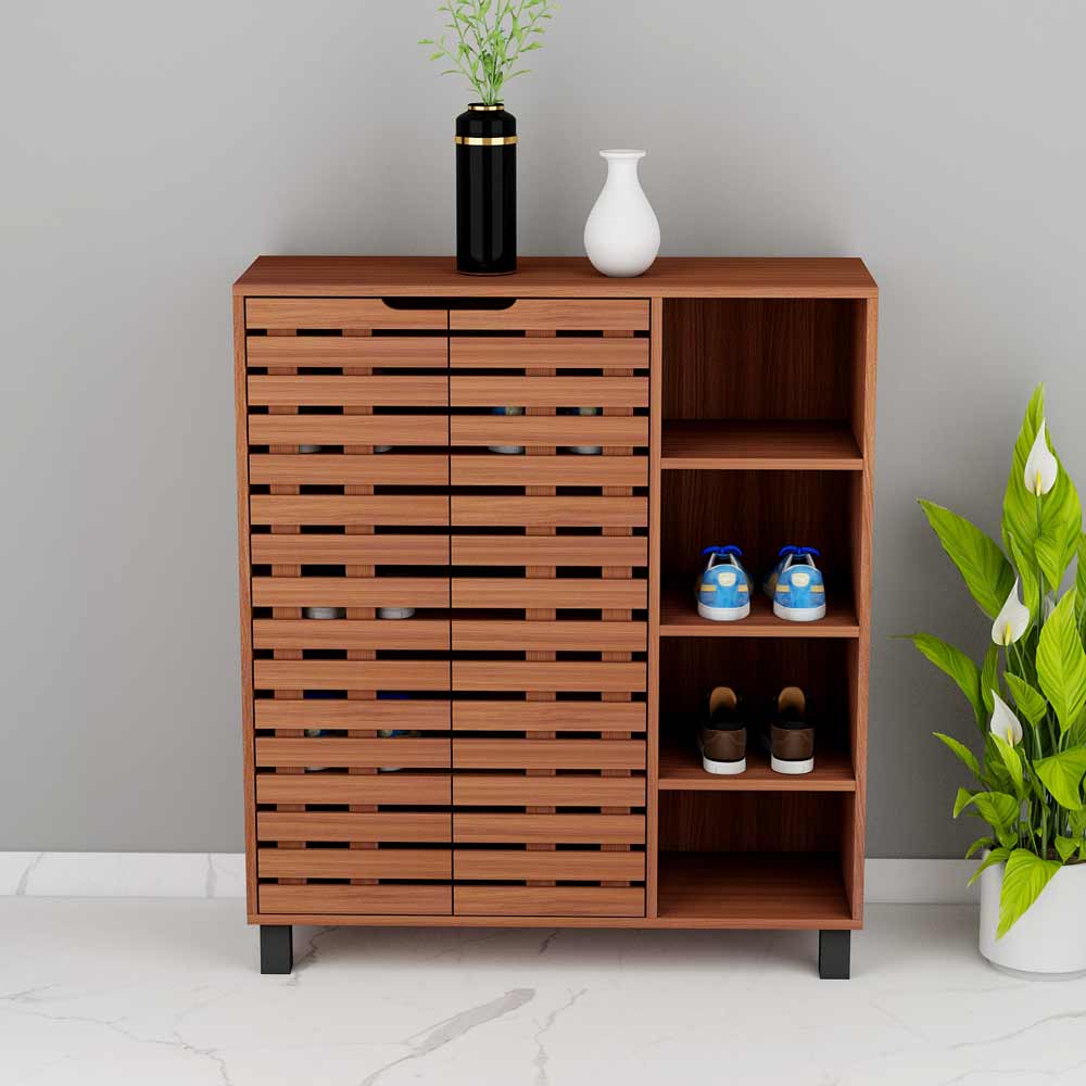 Dark Walnut Finish Shoe Cabinet with Louvered Dual Door Open Side  Shelves, Sleek Metal Legs – VT-10067