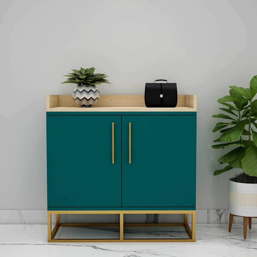 Modern Teal Shoe Cabinet with Golden Frame and Tray Top – VT-10073