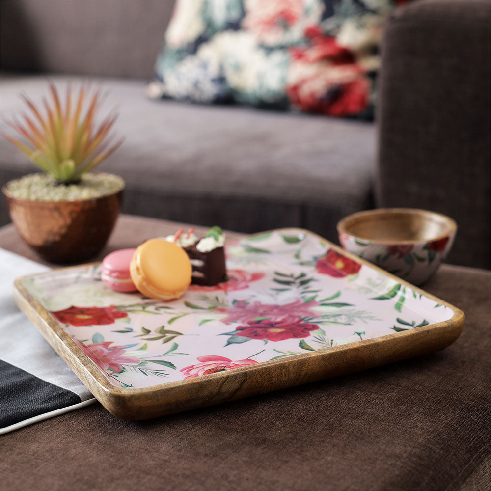 Serving Platter, AVA-BBH-08(A Vintage Affair), Vintage Floral Wooden Serving Platter - Square, Serving Platter - VT16083