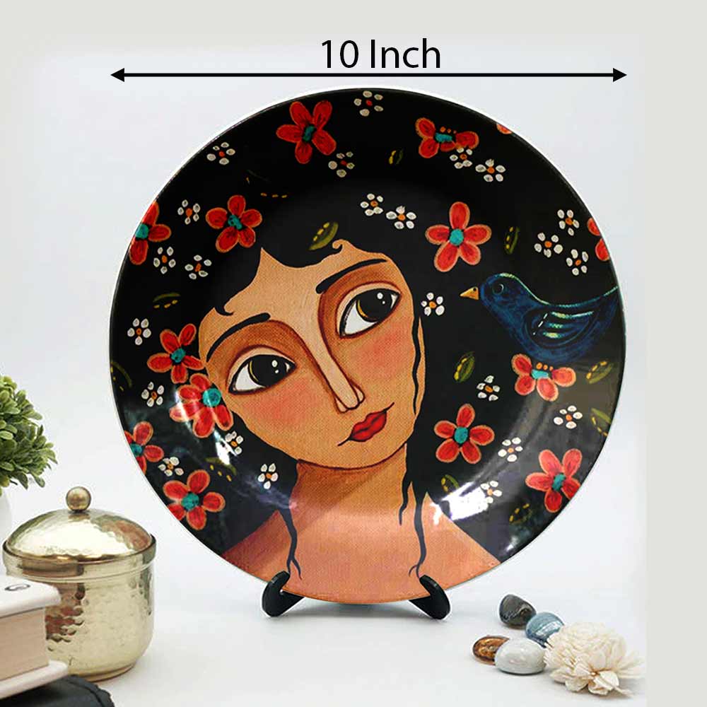 HMD Collections Traditional Art Decorative Ceramic Designer Plates with Stand for Home/Office, Wall Art - VT2099