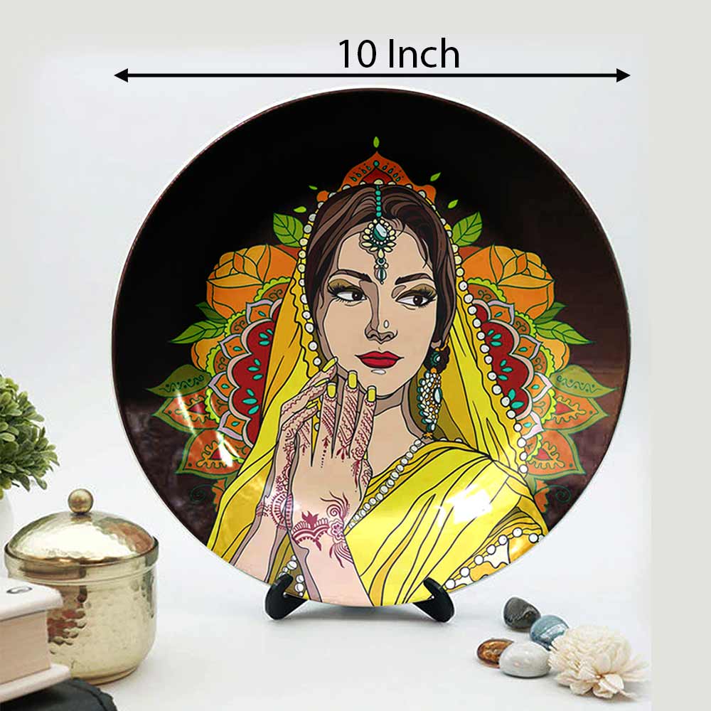 HMD Collections Traditional Art Decorative Ceramic Designer Plates with Stand for Home/Office, Wall Art - VT2108