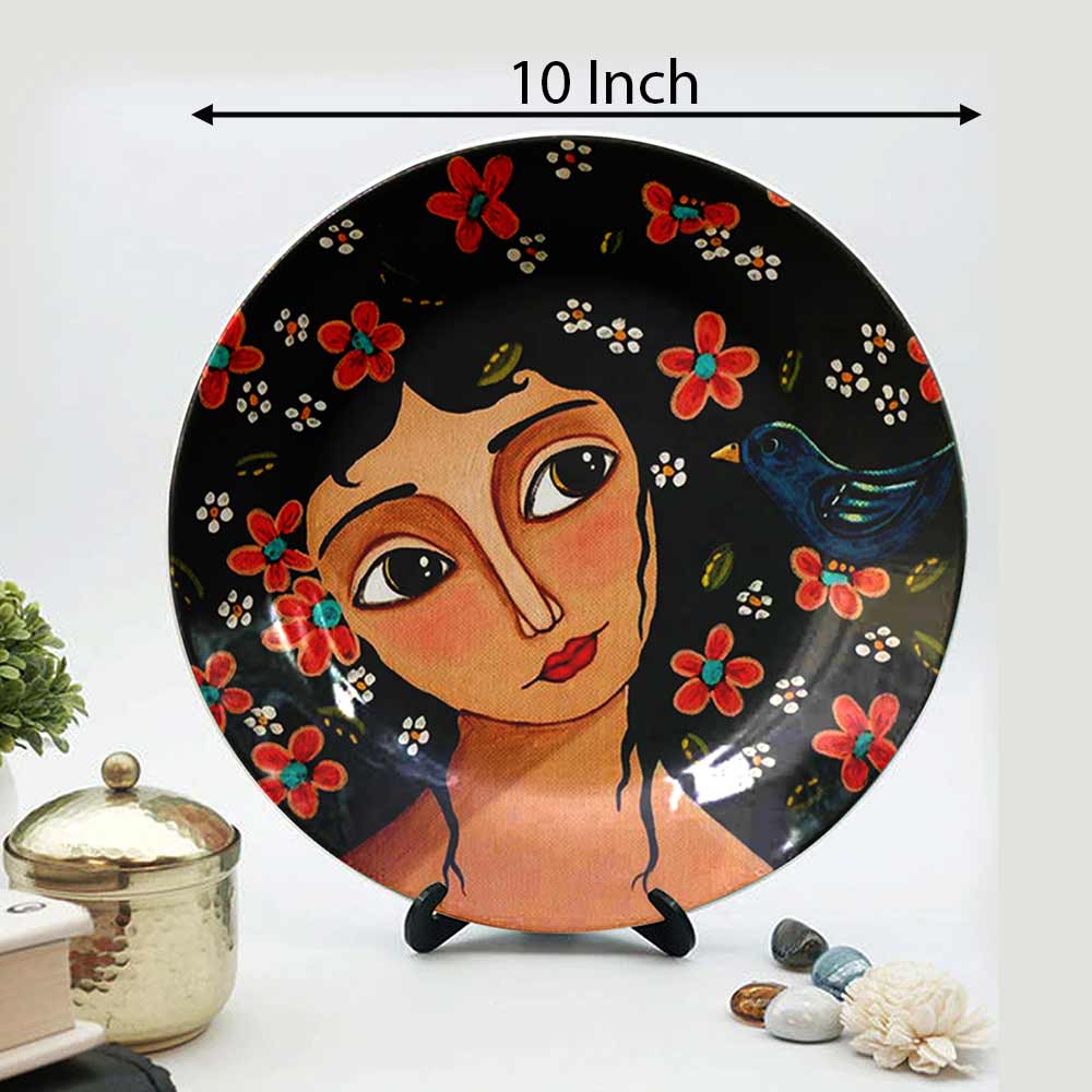 HMD Collections Traditional Art Decorative Ceramic Designer Plates with Stand for Home/Office, Wall Art - VT2119