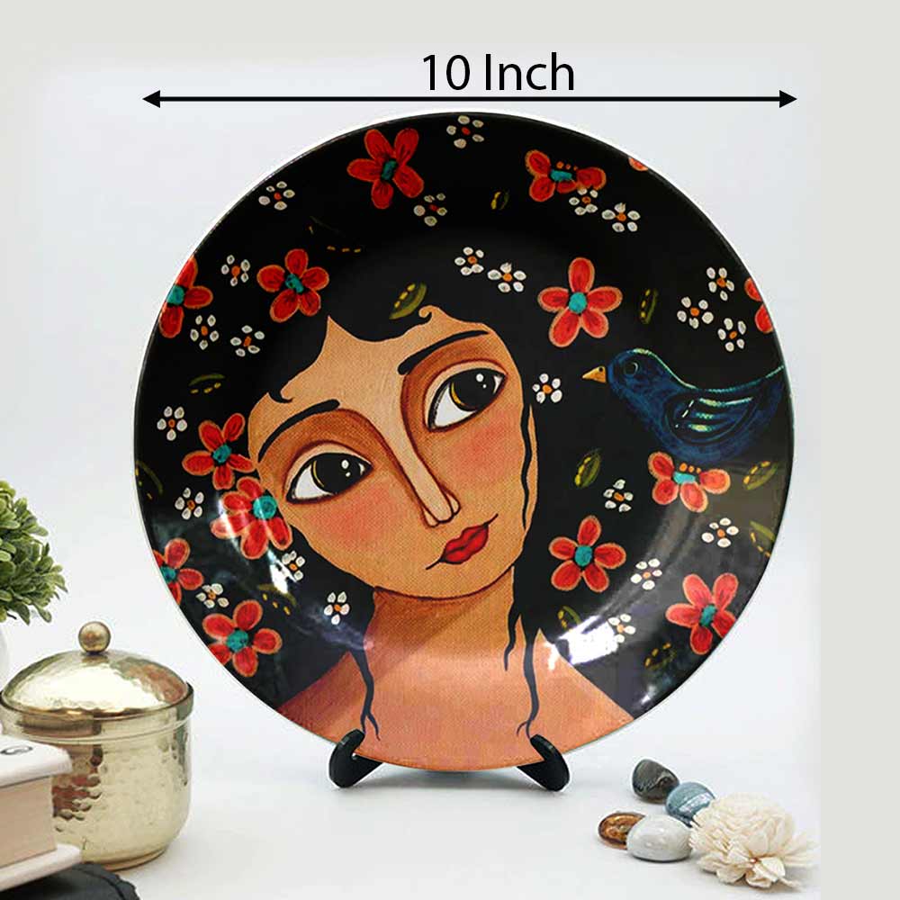 HMD Collections Traditional Art Decorative Ceramic Designer Plates with Stand for Home/Office, Wall Art - VT2130