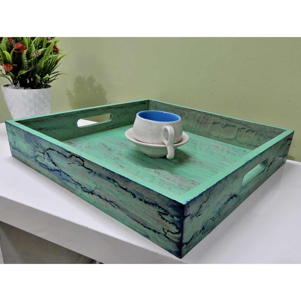 Serving Tray with Wooden burn affects and distress wood mint Blue polish Product looks like vintage collection, Serving Tray - VT2185