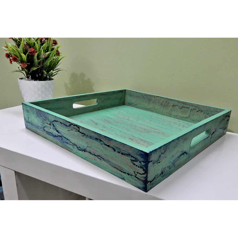 Serving Tray with 4 bowls, Wooden burn affects and distress wood mint Blue polish Combo, Serving Tray with Bowl - VT2186