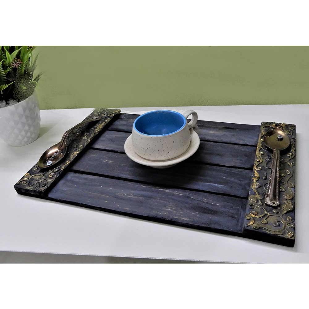 Serving Tray with vintage spoon handle and handmade Roman Art of marble dust, distress wood looks, acasia wood, Serving Tray - VT2187