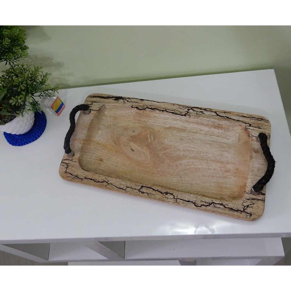 TW003, Wooden Serving Tray with Black Rope handle and special burning effects on Wood by Disoo Fashions, Serving Tray - VT2188