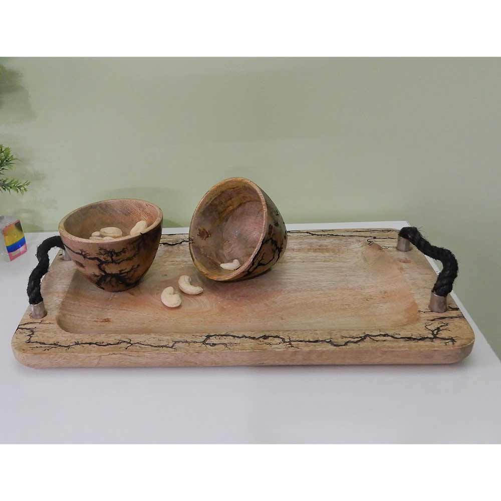 TW005, Wooden Serving Tray with Black Rope handle and special burning effects on Wood with 2 Bowls by Disoo Fashions, Serving Tray with Bowl - VT2190