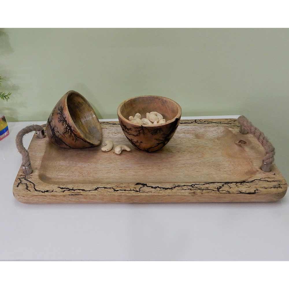 TW006, Wooden Serving Tray with Jute Rope handle and special burning effects on Wood with 2 Bowls by Disoo Fashions, Serving Tray with Bowl - VT2191