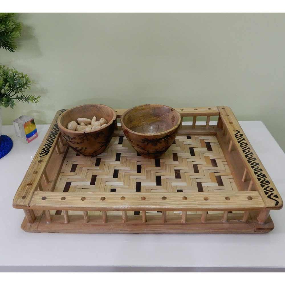 TW009, Warli Handpainted Rectangular Bamboo Serving Tray with 2Bowls by Disoo Fashions, Serving Tray & Bowl - VT2194