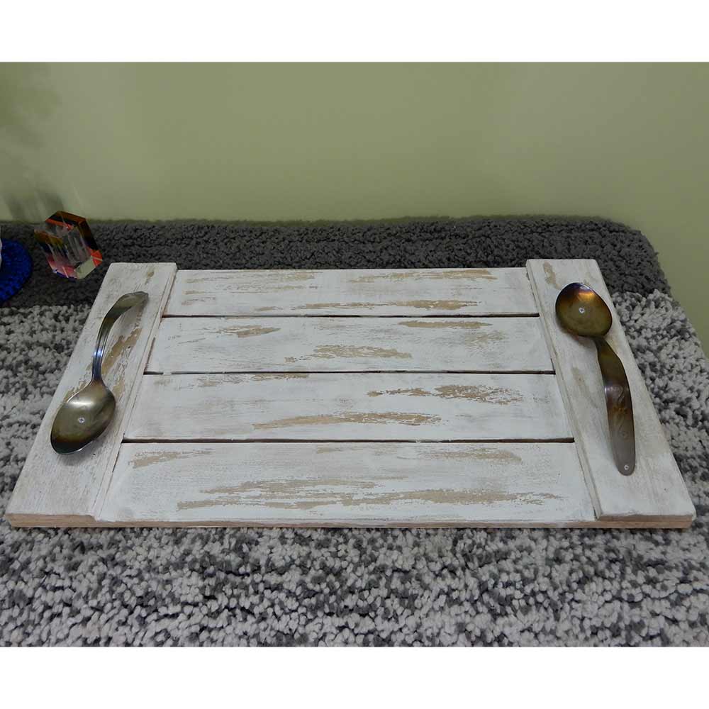 TW015, Vintage Rustic Looks Off White Wooden Tray With Spoons Handle by Disoo Fashions, Tray - VT2196