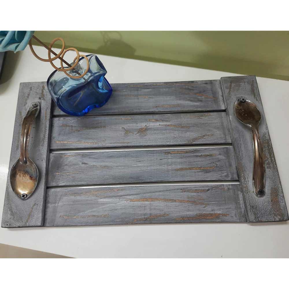 TW016, Vintage Rustic Looks Light Rustic Grey Wooden Tray With Spoons Handle by Disoo Fashions, Tray - VT2197