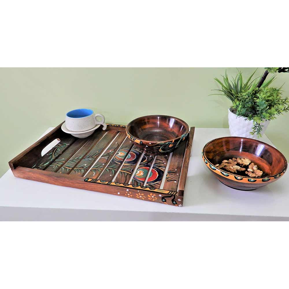 TW025, Handpainted Rose Wood Tray (14 inch by 10 inch) with 2 big Bowls, Comes with Basuri & Peacock Feather Design , Tray with Bowl - VT2198