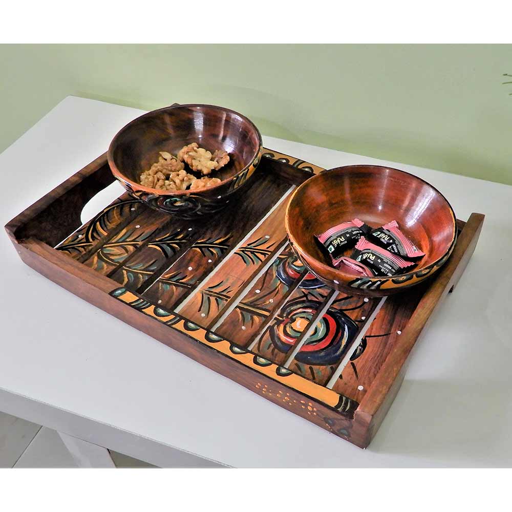 TW026, Handpainted rosewood Color Tray (12 inch * 8 inch) with 2 Bowls, Comes with Basuri & Peacock Feather Design, Tray with Bowl - VT2199