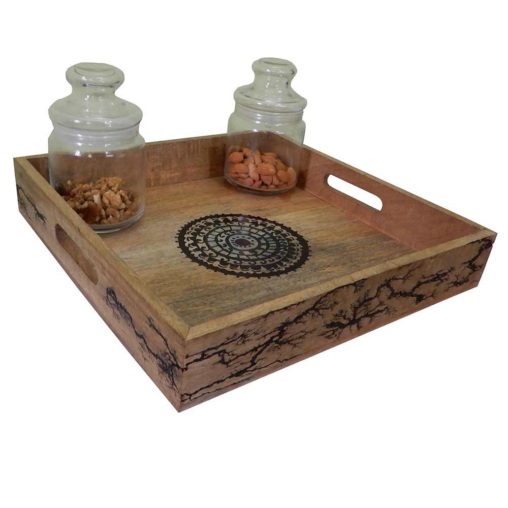 TW027, Mandala Hanpainted Square Serving Tray with special wooden burning effects by Disoo Fashions, Tray - VT2200