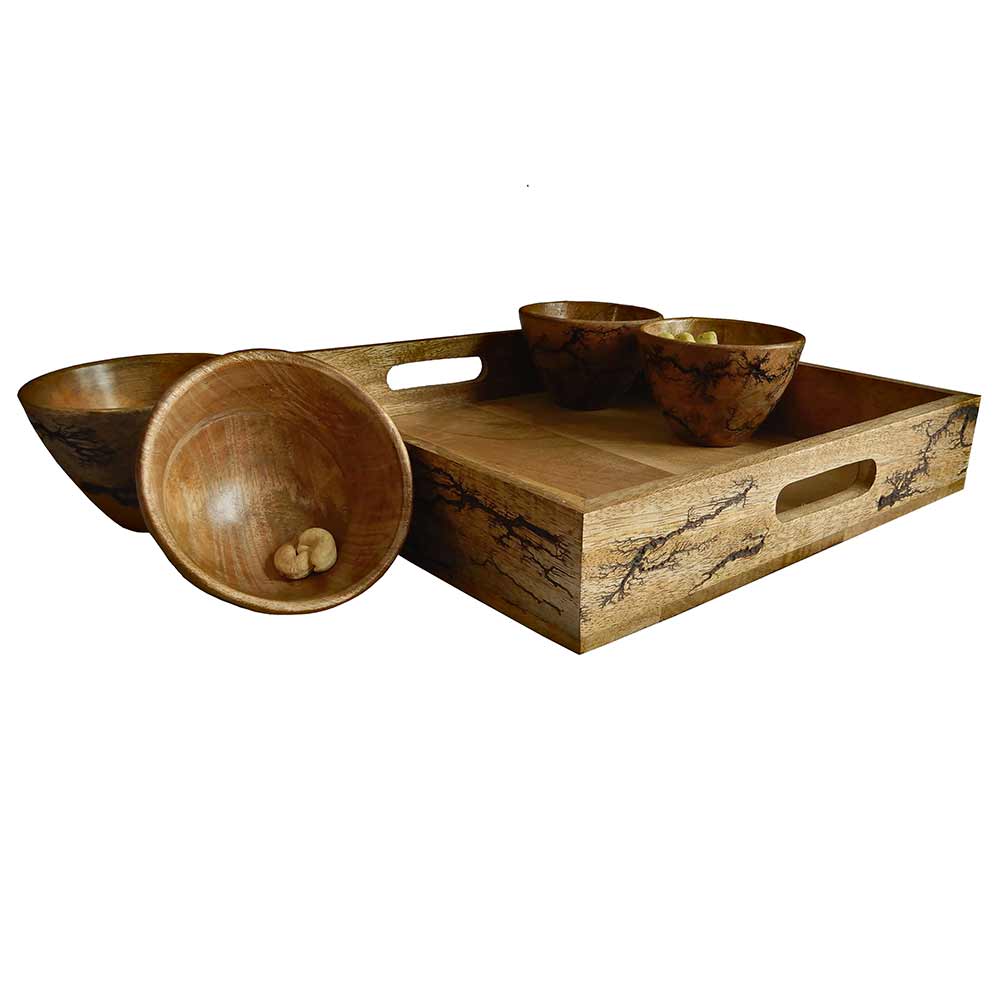 W0020, Square Serving Tray with special wooden burning effects along with 4 Bowls set by Disoo Fashions, Tray with Bowl - VT2204