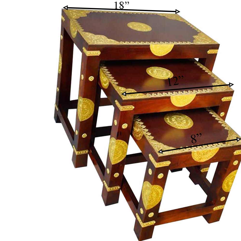 Stool, (NAVIKA PRODUCTION) Wood Polish Brass Fitting Stool Set Of 3, Room Accessory - VT2281